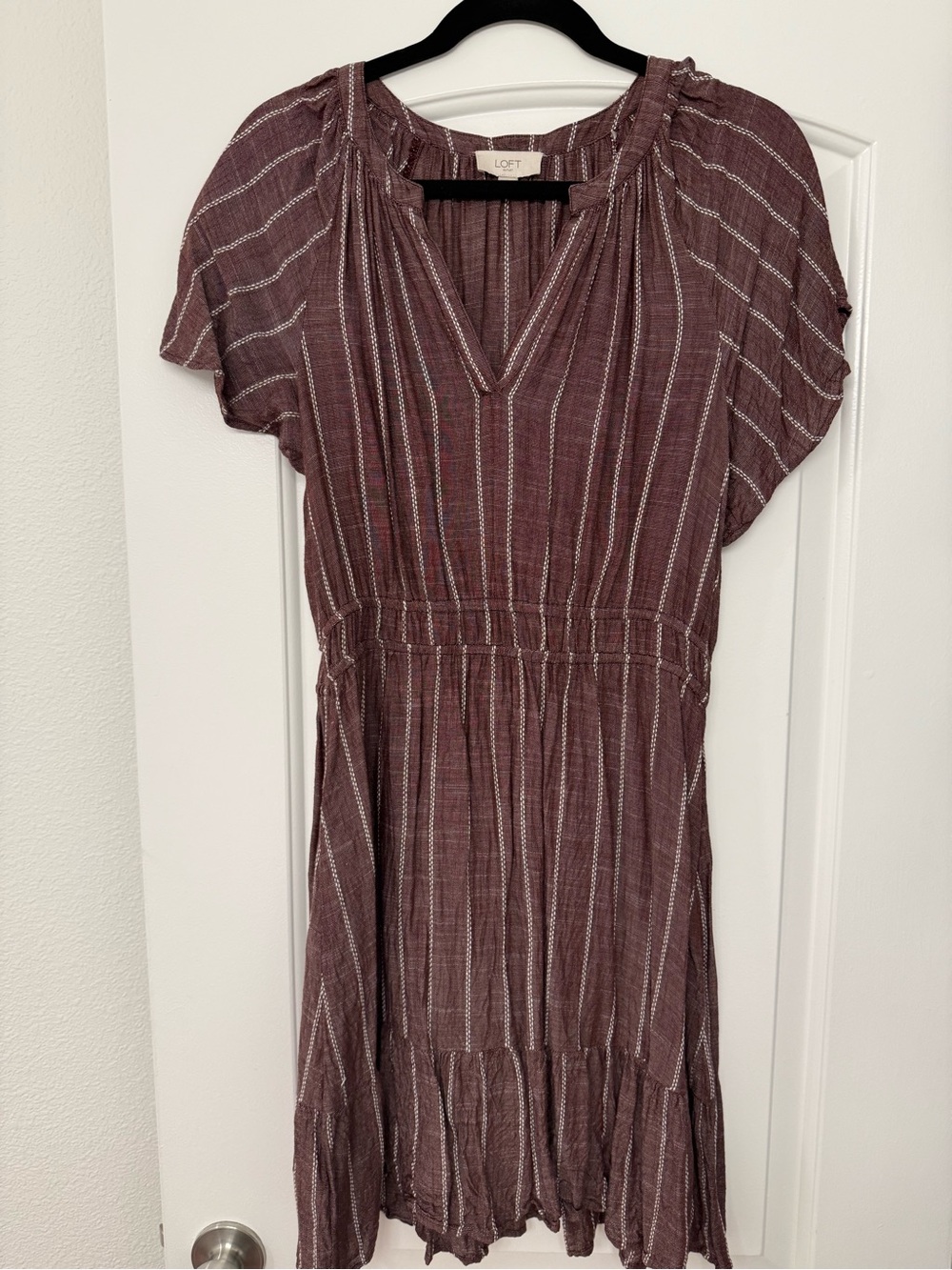 LOFT Mauve-Stripe V-Neck Tiered Midi Dress